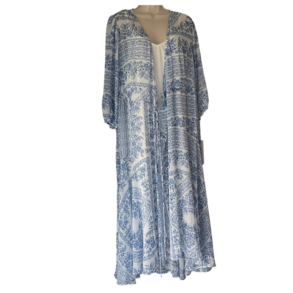 Calvin Klein 14W Plus Size Blue White Paisley Sheer Wrap Maxi Dress